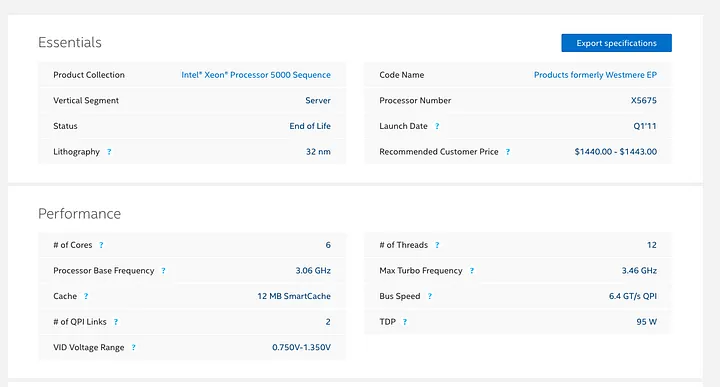 CPU specification of machine