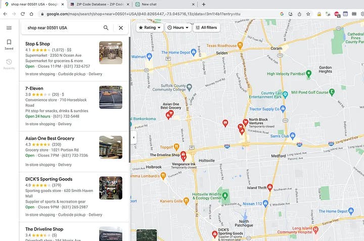 Search shop near 00501 USA in Google Map